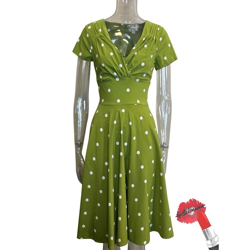 Unique Vintage‎ Dress Womens Small 4 Green Polka Dot Retro Midi